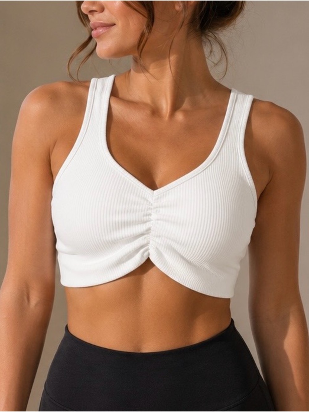 Bucked Up Ribbed Ruched Sports Bra Ivory Cream Size Small